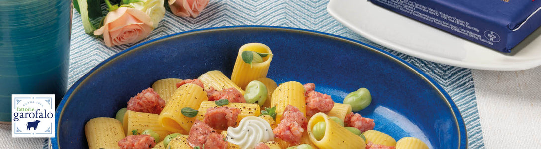 Mezze maniche con Burro di Bufala, fave e salame fresco