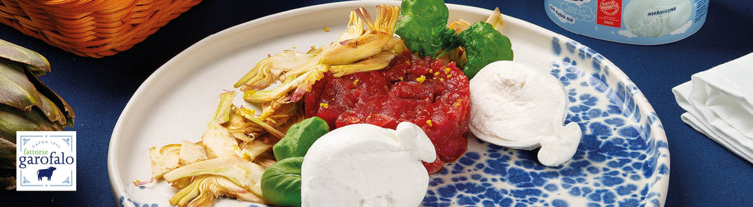 Tartare di tonno con Caramella di Bufala e carpaccio di carciofi