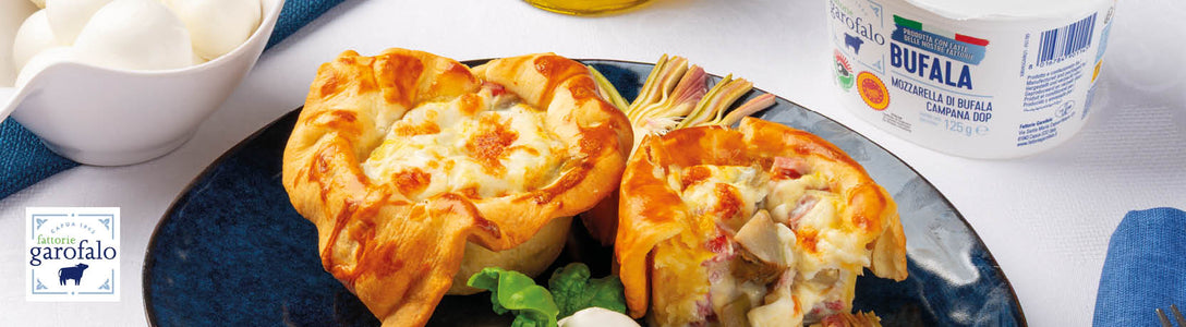 Tortini rustici con Mozzarella di Bufala Campana DOP, carciofi e prosciutto cotto